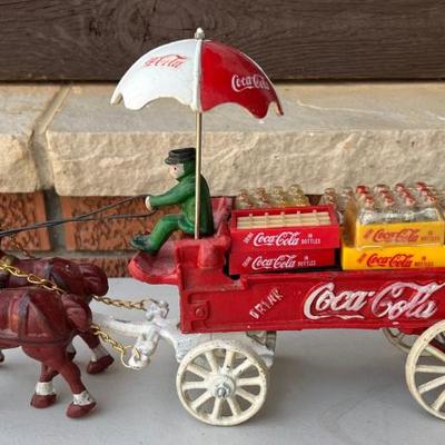 Vintage Coca Cola 14.5" Cast Iron Wagon With Horses And Bottles
