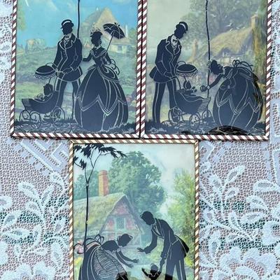 Set Of (3) 6" X 8" Vintage Convex Glass Front Silhouettes With Metal Frames (as Is)