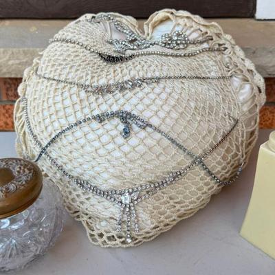 Celluloid Powder Container With Top Lid, Glass Etched Dresser Jar, Lace Pillow With Rhinestone Vintage Jewelry