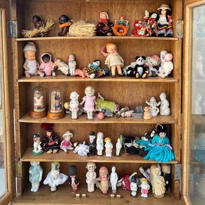 Glass Front 2 Door Wall Hanging Shadow Box With Assorted International Dolls - Porcelain, Plastic, Beaded, Etc