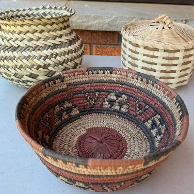 (3) Vintage Baskets - Hand Coiled, Tarahmara, And Lidded With Wood Bottom
