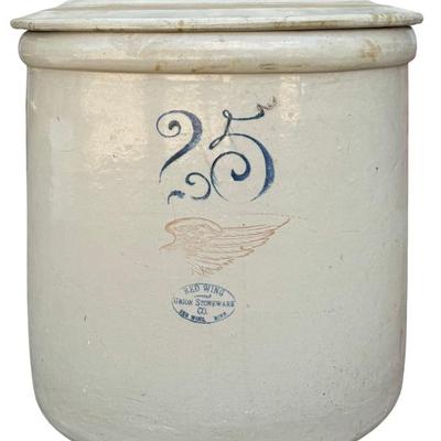 Very Rare Antique Large Red Wing 25 Gallon Union Stoneware Crock With Original Lid 6 Inch Wing