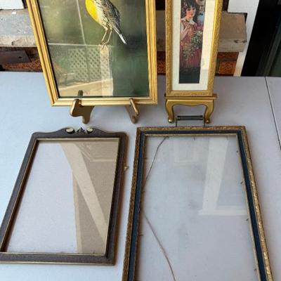 (2) Vintage Wood Frames, Reproduction Print, And Bird Print
