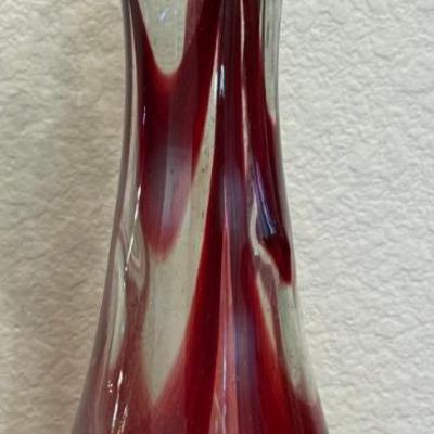 Vintage Murano Art Glass Red & Clear Glass Hand Blown Vase