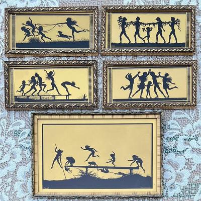 Vintage The Four Seasons By Fidus 5 Piece Miniature Silhouettes With Glass Front Frames
