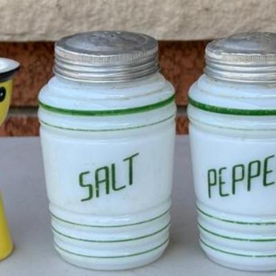(2) Vintage Ikea Egg Cups, (3) Milk Glass Shakers With Tin Lids