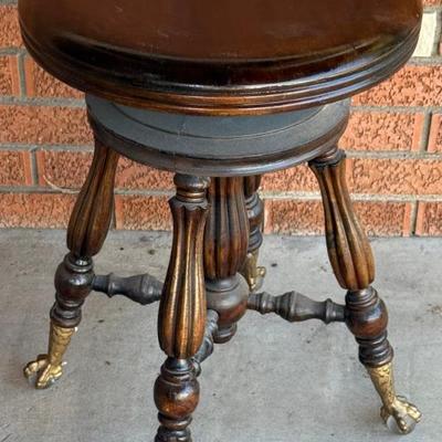 Antique Victorian Metal Glass Ball Clawfoot Walnut Adjustable Piano Bench