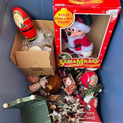 Tote Of Assorted Christmas Decor - Santa Mickey In Box, Nesting Dolls, Resin And Glass Ornaments