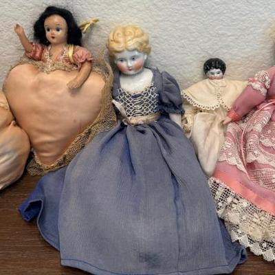 (2) Antique Doll Head Pin Cushions, (3) Porcelain Dolls