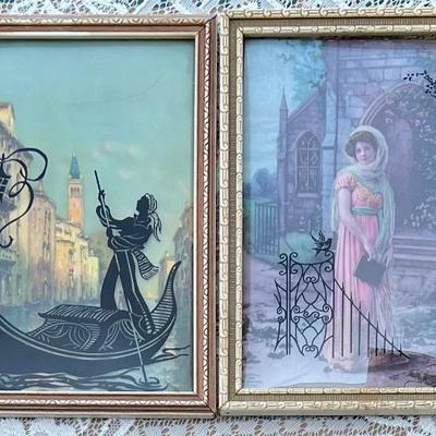 (2) Vintage Convex Glass Front Silhouettes In Wood Frame