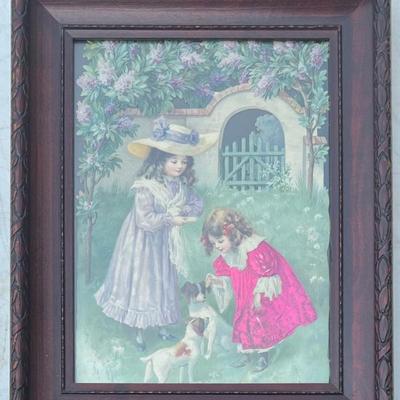 Antique Victorian Embossed Print In Carved Wood Frame