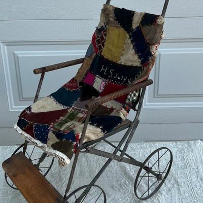 Antique Wood And Metal Folding Doll Chair With A H. S. July 1894 Quilted Seat