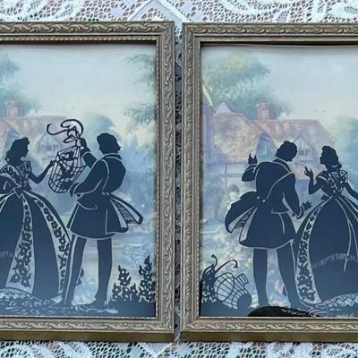 Pair Of 6.75" X 8.75" Convex Glass Front Silhouettes In Wood Frames