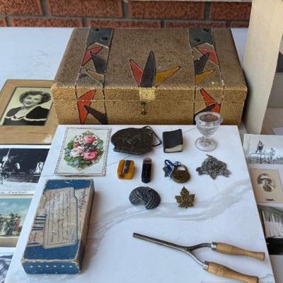 Vintage Gold Dresser Box, Brass Buckle, Bakelite Sharpener, Eye Cup, Cabinet Photos, And More