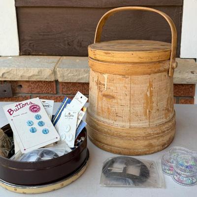 Antique Hand Made Wood Firkin With Lid, And Tin With Assorted Vintage Buttons And Buckles