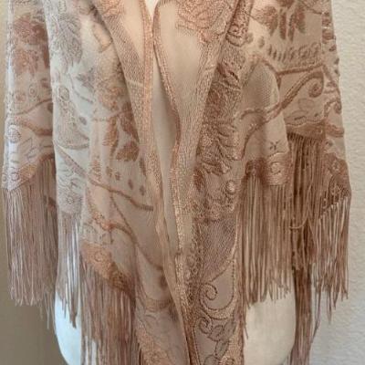 Vintage Floral Embroidered Fringe Light Pink Shawl