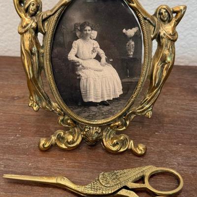 1930's Art Nouveau Solid Brass Female Figure Picture Frame And Solid Brass Bird Scissors