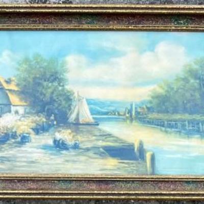 Vintage 41.5" Custom Framed Landscape Print With Glass Front