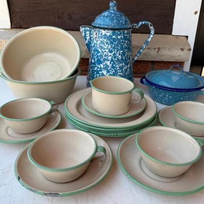 Lot Of Vintage Enamelware - Blue Marble Kettle, Green And Cream Bowls And Cups