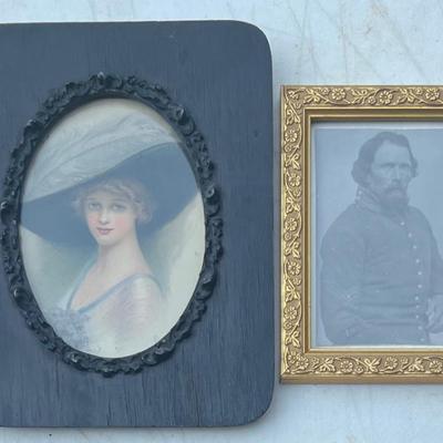 (2) Vintage Miniature Portraits - Victorian Print And A War Photograph With Glass Front Frames