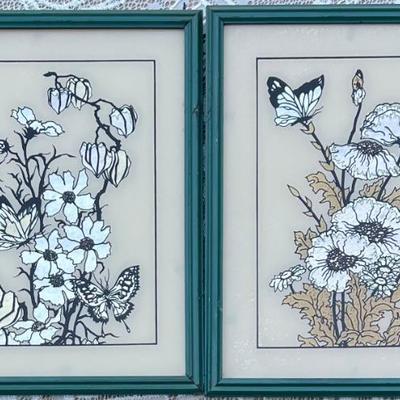 Pair Of Vintage Reliance Butterfly Wing Affects Hand Pressed On Glass Silhouettes In Glass Front Frames