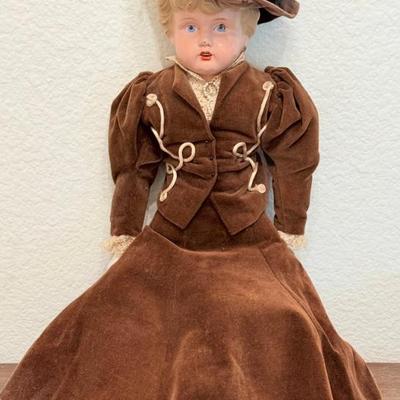 Antique 22" Composition Doll With Porcelain Hands And Legs, Cloth Body, Victorian Velvet Clothing