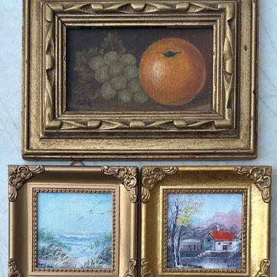 (3) Miniature Painted Over Prints In Gold Tone Frames