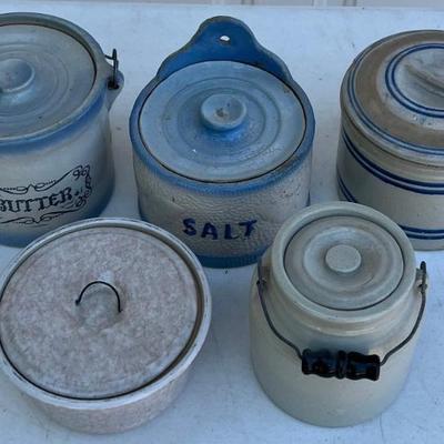 (5) Antique Stoneware Lidded Crocks And Jars - Buckeye Pottery, Butter And Salt (as Is)