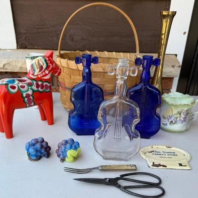 (3) Glass Cello Bottles, Brandenburg Mustach Cup, Nils Olson Wood Horse, Brass Vase, Grape Shakers