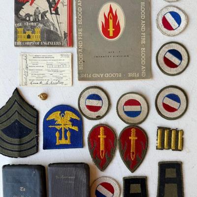 WWII Memorabilia - Blood And Fire 63rd Infantry Booklet, Officer Patches, Military Bibles, And More