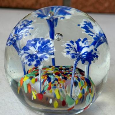 Art Glass Paperweight With Flowers