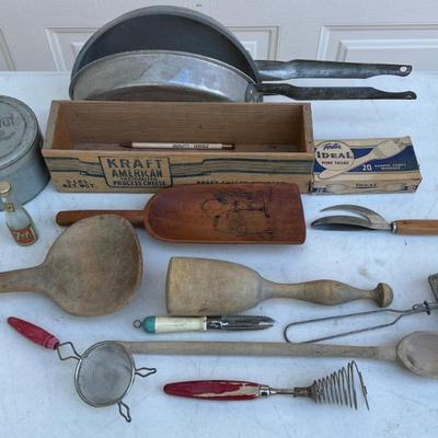 Vintage And Antique Lot - Wooden Spoons, Utensils, Wearever Omelet Pan, Craft Cheese Box, And More