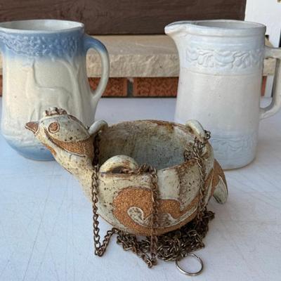 Antique Red Wing Stoneware Cherry Band Pitcher, McCoy Stoneware Salt Glaze Pitcher, Studio Pottery Planter