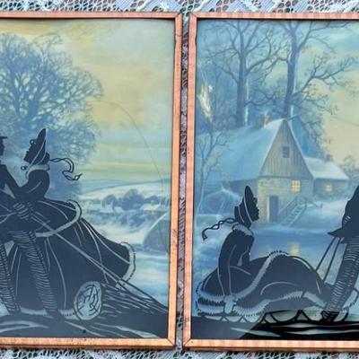 Pair Of Art Deco 6" X 8" Silhouettes With Convex Glass And Copper Frames