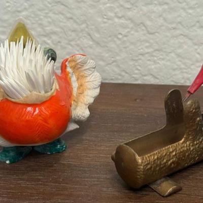 (2) Vintage 1950's Toothpick Holders - Woodpecker Metal And Porcelain Japan Bird