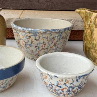 (3) Antique Spatterware Bowls, Colton Grain Spatterware Pitcher, Stoneware Crock