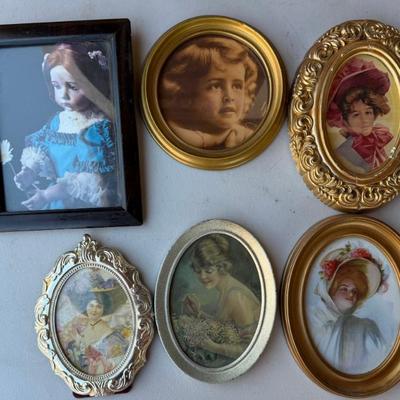Pair Of Vintage Victorian Girl Prints In Oval And Round Frames And (1) Marque Doll Photo In Wood Frame
