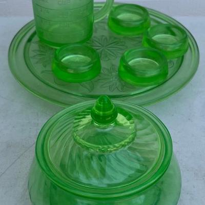 Vintage Green Depression Glass - Kellogs One Cup Advertising, (4) Hazel Atlas Feet Covers, Lidded Dish, Tray