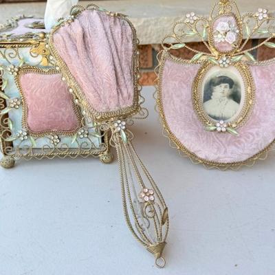 Vintage Gold Wire Pink Plush Jeweled Dresser Set - Hand Mirror, Tissue Box, Picture Frame (as Is)
