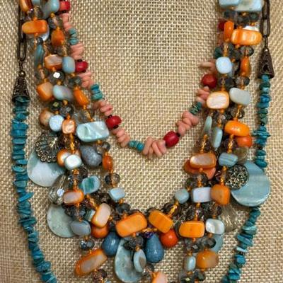 (4) Vintage Necklaces Chip Turquoise - Mother Of Pearl Shell & Coral & Turwuoise