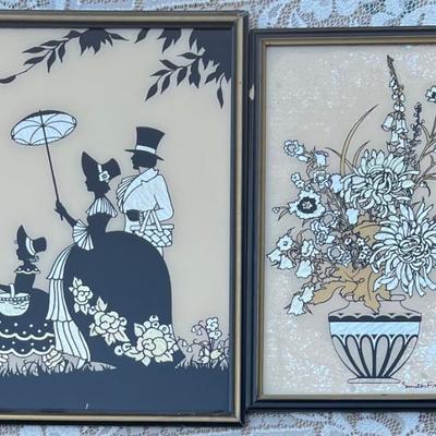 (2) Vintage Reliance Silhouettes - Colonial Holiday And Autumn Bouquet With Glass Front