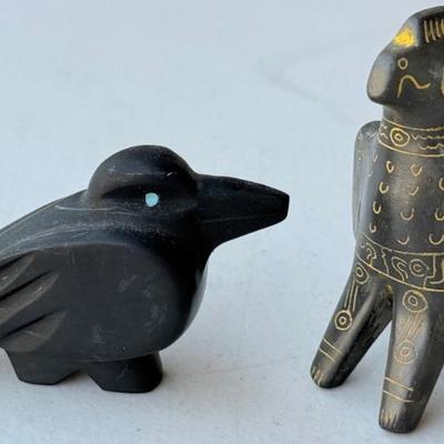 Pottery Hand Made In Bolivia Bird And A Ebony Wood Carved Bird Fetish Signed