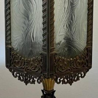 Vintage 27.5" Art Deco Style Solid Heavy Brass Table Lamp With Glass Panels
