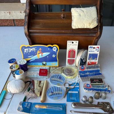 Vintage Wood Sewing Box With Atomic Needles, J & P Coats, Germany Thimbles, Button Hook, And More