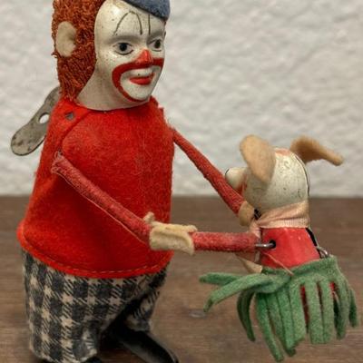 Antique Schuco Clockwork Clown With Baby Bear Figure, Key