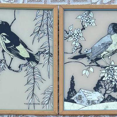 Pair Of Art Deco Beautiful Birds In Pairs Hand Processed On Glass Robin And Oriole Reliance Chicago