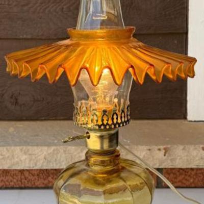Antique Amber Aladdin Lamp With Ruffled Glass Shade And Hurricane
