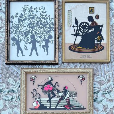 (3) Vintage Glass Front Silhouettes - Nelson Dairy Thermometer, Dancers, And Cherubs (as Is)