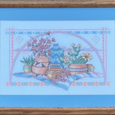 Vintage Southwestern Needle Point With Oak Frame And Glass Front