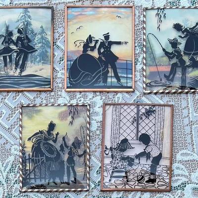(5) Vintage Miniature 4"x 5" Convex Glass Front Silhouettes With Metal Frames